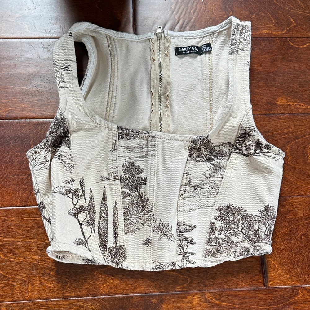 Nasty Gal Cream and Brown Toile Corset Crop Top